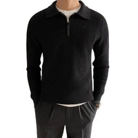 Turn-down Collar Knitted Polo Sweater With Thermal Ribbed Design