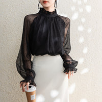 Womens Long-Sleeve Chiffon Blouse With Polka Dots