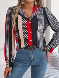 Women's Office Elegant Color Block Polka Dot Notched Lapel Long Sleeve Shirt