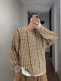 Mens AutumnWinter Retro All-Match Loose Khaki Green Cabled Double-Face Crew-Neck Distressed Thick Sweater