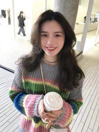 Korean Spring Limited Rainbow Mohair Striped Sweater Loose Outerwear Top
