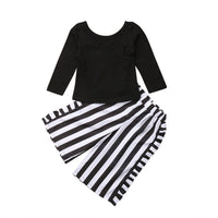 Girls new children's fashion tide black short T + striped fungus wide leg pants