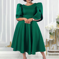 Womens Round-Neck High-Waist Full-Skirted Evening Dress