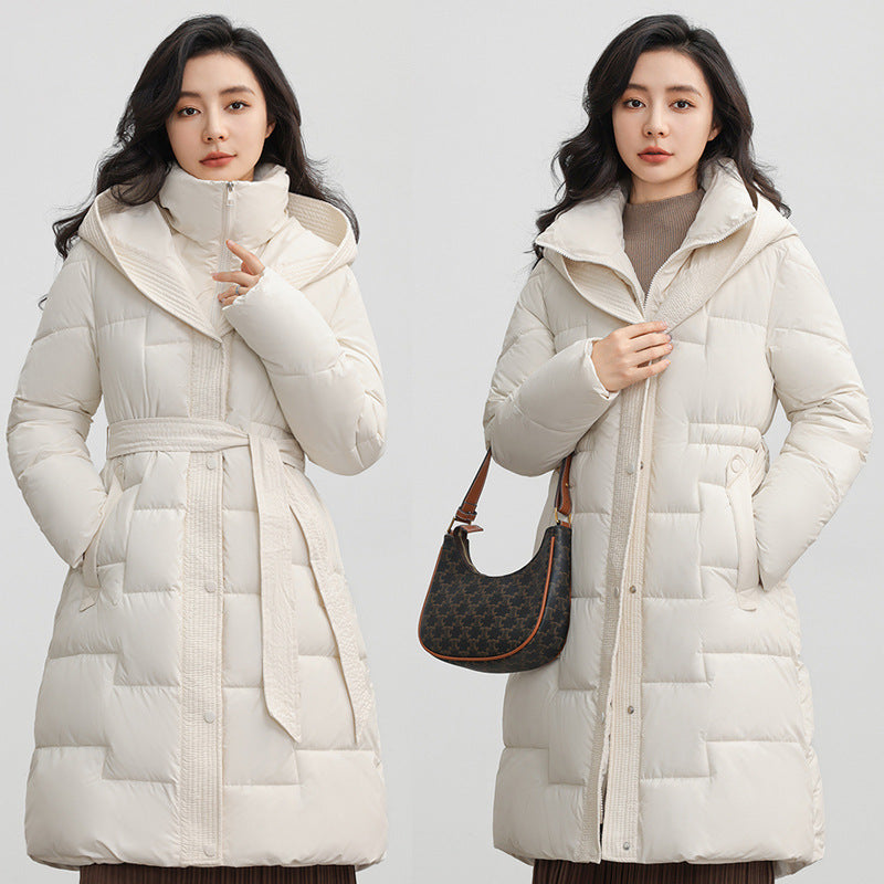 Women's Winter New Waist Trimming Fashion Mid-length Hooded Below-the-knee Coat