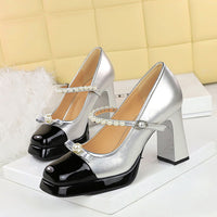French Retro Style Color-Block Square-Toe Chunky Heel Shoes For Women