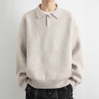 Retro Polo-collar Relaxed-fit Laid-back Single-button Sweater