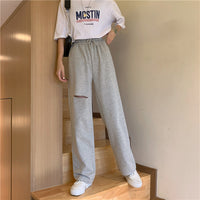 Women's Relaxed-fit Drawstring Design Distressed Wide-leg Trousers