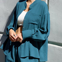 Womens Loose Crepe Cotton Long-Sleeve Top And Pants Two-Piece Set