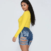 Hand-worn high waist denim shorts
