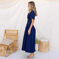 Elegant Waist Cinched Womens Denim Swing Dress With Short Sleeves