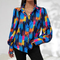 Womens Fashion Printed Lantern Sleeve Colorblock Loose Top
