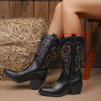 Embroidered Knight Boots Women Pointed Toe Chunky Heel Cowboy Boot