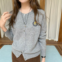 College Style Badge Embroidered Knitted Cardigan For Women