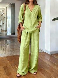 Womens Washed Cotton Multi-Color V-Neck Pullover Long-Sleeve Top And Pants Set