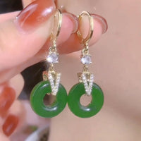 Light Luxury Green Cat's Eye Tassel Drop Earrings, Elegant Long Zircon Inlaid Ear Cuffs, Fresh Design