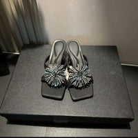 2026 Spring-Summer Fashion Firework Rhinestone Chain High-End Design Influencer Outdoor Wear Non-Slip Square Toe High Heel Sandals
