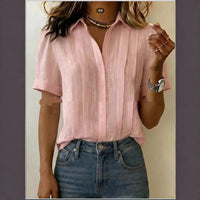 Turn-down Collar, Short-sleeve, Loose-fit Pleated Cotton Shirt