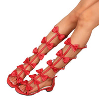 Fashionable Square-heeled Red Over-the-knee Sandals With A Bow And Strap