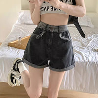Retro Distressed High-Waist Loose Denim Shorts For Women