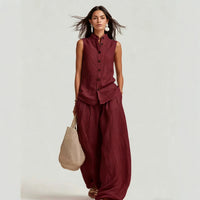 Stand-up Collar Sleeveless Shirt And High-waisted Wide-leg Pants Set