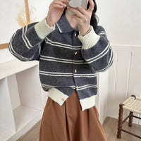 Korean Style Contrast Color Striped Lapel Sweater Cardigan