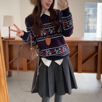 Round-Neck Rose Jacquard Knit Sweater Loose-Fit Pullover