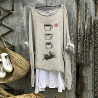 Womens Loose Casual Long-Sleeve 3D-Printed Pullover T-Shirt