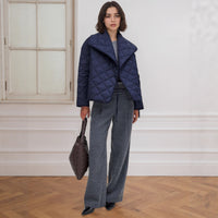 Sapphire Blue With Rhombic Quilted Short Loose Design Cotton-padded Coat