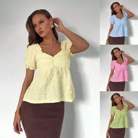 V-neck Fashionable Simple Puff-sleeve Top For Women