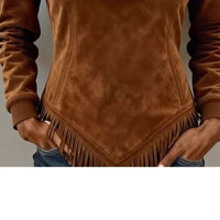 Suede-velvet Tassel Hem Long-sleeve Fur-collar Slim-fit Womens Top