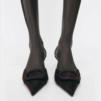 2026 Spring New Arrival Women's Square Buckle Pointed Toe High Heels, Closed Toe Backless Mules Sandals In Brown