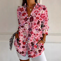 Womens Retro, Elegant Floral Print Long-Sleeve Shirt