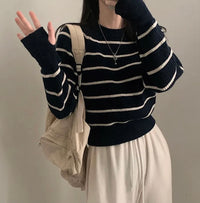 Autumn And Winter Contrast Color Striped Crew Neck Pullover Sweater