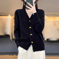 Heart Buckle Solid Color Knitted V-neck Cardigan Loose Sweater For Women