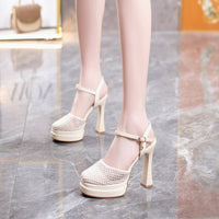 Women's Mesh Platform Sandals, New Summer 2026 Style, Block Heel, One-Strap Buckle Design, High Heels For Petite Figures, Perfect For Matching Dresses
