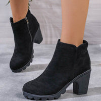 Chunky Heel Round Toe Side Zipper Ankle Boots