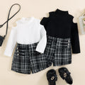 Children's Off-the-shoulder Top Tweed Plaid Classic Style Shorts Girls' Suit