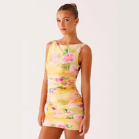 Yellow Printed And Dyed Floral Tank Dress
