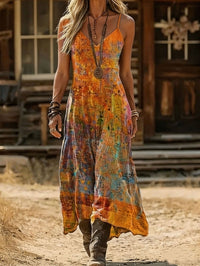 Retro Bohemian Print V-neck Slip Dress