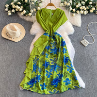 Womens Floral Print V Neck Dress With Ruffled Hem
