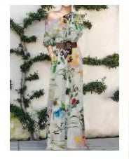 European American Fashion Floral Print One-shoulder High Waist Jumpsuit For Women