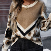 Women's Plush Printed Knitted Pullover With Round Neck And Leopard Print
