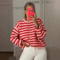 Long Sleeve Striped Color Block Women's Fashion Round Neck Casual Sweater
