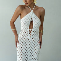 Neck-strap Lace-up Hollow-out Dress For Women