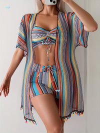 Womens Three-piece Striped Bikini Swimsuit Set