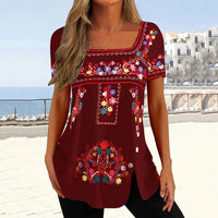 Printed Button-Front Slit Short-Sleeve Top T-Shirt Womens