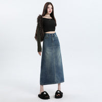 Denim Skirt Design Pocket Slit Retro Hip-wrapped Midi Skirt