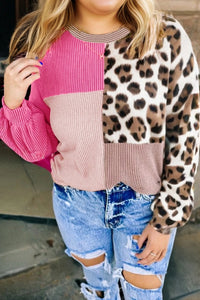 Women's Round-neck Ribbed Color-block Leopard Print Long-sleeve Top