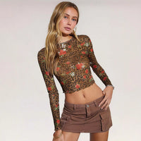 Leopard Print Flower Printed Mesh Round Neck Short Long-sleeved
