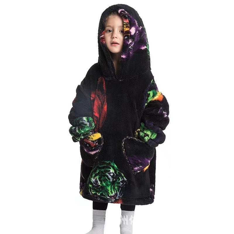 Boys And Girls Comfortable Cotton Velvet Cold-proof Clothes Lazy Blanket Hooded Plus-sized Thickened Blanket Lazy Clothes Children's Sleepwear